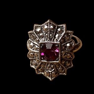 Marcasite Silver-Plated Purple Ring Woman’s Jewelry Art Deco Plum Crystal NEW